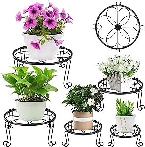 5 Pack Metal Plant Stands for Indoor Outdoor Plants, Heavy Duty Flower Pot Stands, Black Rustproof Iron Planter Holder, Round Garden Container Plant Rack, Potted Plant Shelf for Garden Home Corner