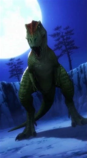 A scythe ninja uses a clone technique to attack a giant dinosaur