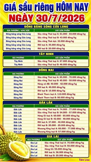 Giá Sầu Riêng Hôm Nay 30/7/2026 | Ri6, Thái, Musang King Mới Nhất