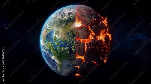 Planet earth with one half on fire and the other intact in space