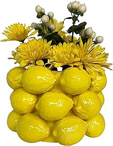 Lemon Vase -Cheery Yellow Ceramic French/Mediterranean Style Unique Vase with 3D Lemon Design- Lemon Kitchen Decor - Lemon Themed Housewarming Gift for her