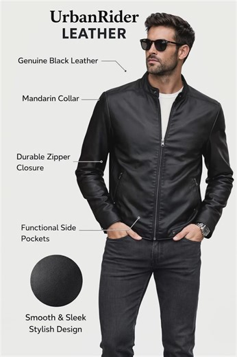 Men's Genuine Black Leather Biker Jacket, Mandarin Collar, Slim Fit Streetwear Coat - Etsy