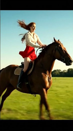 A woman wearing a red skirt rides a horse through a meadow.