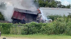 Whoa! 🤯 New video show just how intense the flames were after a dump truck caught fire on the interstate this morning. | WDSU News