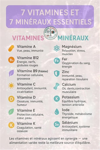 Les 7 vitamines et minéraux essentiels pour notre corps Les vitamines A, D, E, K, B12 et B9, ainsi que les minéraux Mg, Fe, Zn, Ca, K, Se et I, soutiennent l’immunité, l’énergie, la peau, les os et l’équilibre hormonal. Un apport quotidien varié aide à prévenir les carences et à optimiser le fonctionnement global du corps. Miser sur une alimentation colorée et complète, c’est renforcer durablement sa santé. #santé #vitamines #minéraux #nutrition #bienêtre #énergie #immunité @followers Badar