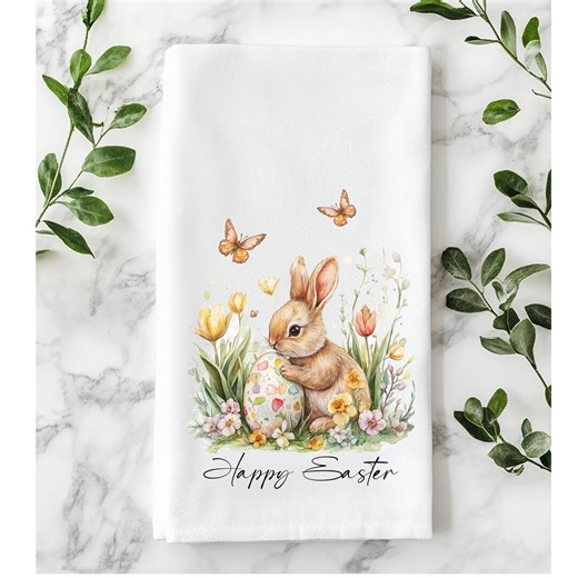 Easter Bunny and Egg Tea Towel - Colorful Spring Kitchen Decor - Etsy