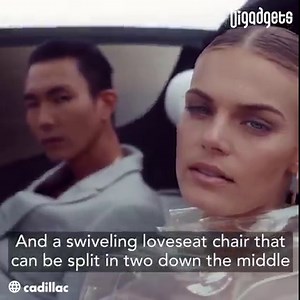 This Cadillac autonomous EV is styled for comfort and entertainment. Cadillac revealed a fully autonomous two-seat EV concept called InnerSpace at CES 2022. Designed as a luxury lounge on wheels, it features a panoramic LED display that spans the entire front of the vehicle, a pop-up roof, and a swiveling loveseat chair that can be split in two down the middle, with each half pivoting outward to make entry and exit easier and more comfortable. | GIGadgets