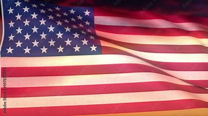 USA flag and sunset or dawn sky, for Fourth of July / American Independence Day and other patriotic themes. This flag is rendered with realistic fine detail of fabric texture and stitching.