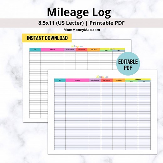 Multi-color Mileage Log Printable PDF, Odometer Tracker, Trip Log, Simple Mileage Report Printable, Trip Mileage Tracker, Car Mileage Log - Etsy
