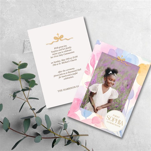 Modern First Communion Invitation With Photo Soft Pastel Floral Editable Double Sided Template - Etsy