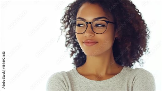 African American woman wearing glasses, looking over her shoulder with a smile.