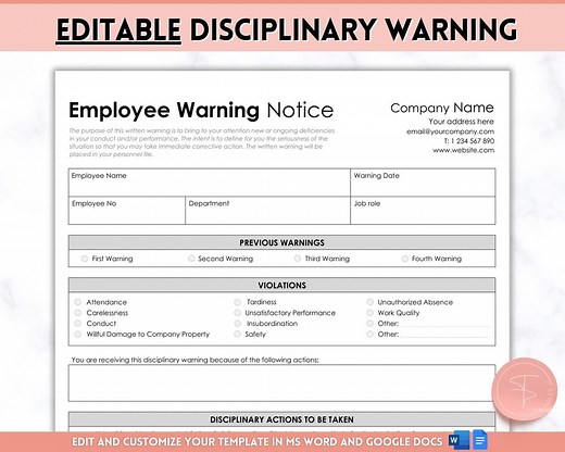 Employee Warning Notice, EDITABLE Disciplinary Form, Small Business Forms, Human Resources, Employee Write Up, HR Performance Discipline - Etsy