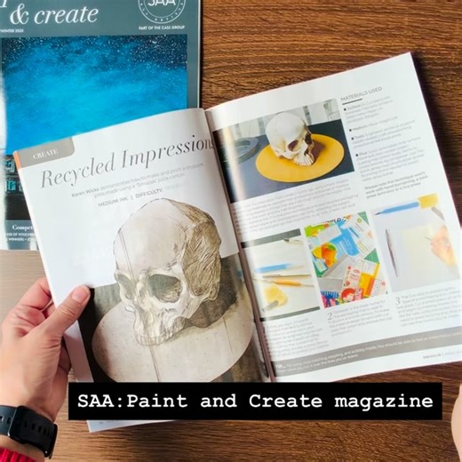 Karen Wicks on Instagram: "Paint and Create magazine feature in the December issue: a walkthrough of how to print using #tetrapak and a craft press from the dining table. Thank you so much to @supportingallartists for asking me to create this, I really enjoyed it! I love sharing techniques to enable people to get hooked on #printmaking! #supportingallartists #paintandcreate #creativity"