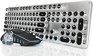 EWEADN TK950 Typewriter Mechanical Keyboard and Mouse, 104 Keys Aesthetic Typewriter Keyboard Mouse Combo with White Backlit, Anti-Ghosting, Black Switch Bluetooth/2.4GHz/Wired Cute Keyboards-Black