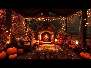 Autumn Porch Rain Ambience 🍂 Crackling Fireplace, Pumpkins & Peaceful Fall Vibes for Sleep and Study