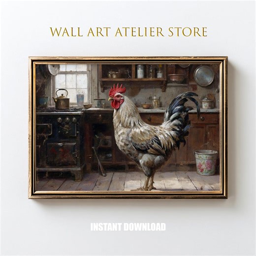 Antique Farmhouse Rooster Painting - Classic Country Kitchen Scene, Rustic Cozy Decor, Vintage Cottage Wall Art Printable Download 330 - Etsy