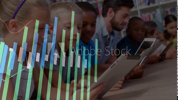 Students and teacher tapping tablets and starting bar chart flowing across library table