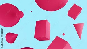 3D render of primitives objects with matte materials on light blue background, 4K abstract seamless loop animated template, live wallpaper