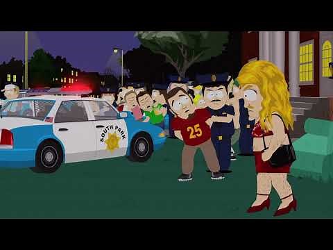 South Park, Sgt Yates empties frat boys load into the evidence bag.