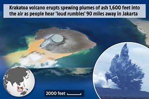Krakatoa volcano erupts spewing plumes of ash 1,640ft into the air as 'loud rumbles' heard 90 miles away