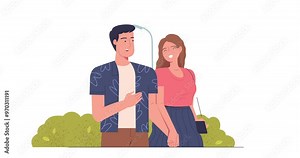 Couple in love. Moving banner with happy people in romantic relationships walking in park. Smiling man and woman spending time together on outdoor date. Flat cartoon animated graphics