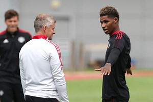 Marcus Rashford and Mason Greenwood pictured training along with academy talents