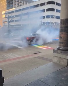 MAN UPSET ABOUT THE COLOR OF HIS TRUCK ATTEMPTS BURNOUT ON CROSSWALK COLOR STRIPE THAT MATCHES HIS TRUCK IN HUNTINGTON, WV….. “I can’t stand this poo purple!” the man is rumored to have yelled before waiving a Bud Light can out of his window, as he sped off into the distance with Taylor Swift music blaring loudly. The burnout left a black line on the color stripe of the crosswalk that closely resembles the color of the man’s truck. (Video from Luke Cassidy) | PigPig Of St. Albans