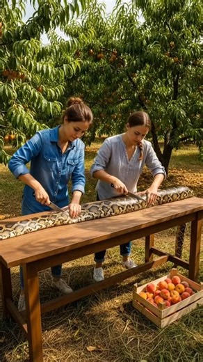 Tanuj YouTuber on Instagram: "Two beautiful Russian women used knives to cut a huge python lying on a table in a peach orchard. #viralreels #americanfood"