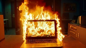 A laptop computer sitting on top of a table covered in flames