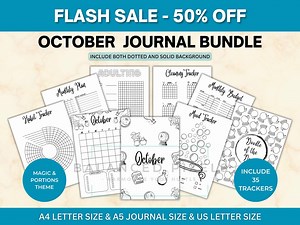 October Planner Bundle - Magic and Portions Theme Printable - Undated Monthly Calendar - Black & White - October Journal Pages - Etsy