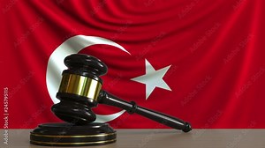 Judge's gavel and block against the flag of Turkey. Turkish court conceptual animation
