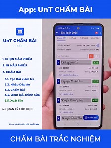 [UnT Chấm Bài Trắc Nghiệm 2025] Ứng dụng Chấm Bài Trắc Nghiệm Miễn Phí trên các phiếu giấy THPT 2025 và 20/50/120 câu. Xin chào quý thầy cô, nhóm UnT Labs xin giới thiệu với quý thầy cô ứng dụng "UnT Chấm Bài Trắc Nghiệm 2025" với các chức năng dưới đây ạ: Ứng dụng hỗ trợ giáo viên chấm bài trắc nghiệm bằng điện thoại nhanh chóng, hiển thị kết quả trực quan, thông báo lỗi bài làm rõ ràng, chỉnh sửa đáp án và bài làm sau khi chấm, quản lý bài kiểm tra theo lớp học, xuất file PDF và Excel chứa bản