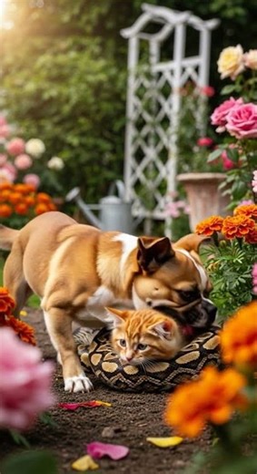 아나콘다의 위협에서 새끼 고양이를 구하는 강아지 A brave puppy saves a kitten from a python’s grip. #wildlife