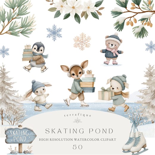 Winter Animals Skating Clipart: Watercolor Woodland Friends (digital Download, PNG - Etsy