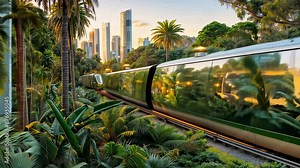 A futuristic train is traveling through a jungle with a city in the background.The train is green and has a reflective surface Stock Video
