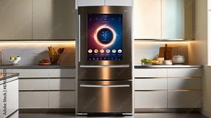 A smart refrigerator with a touchscreen display and advanced features like food recognition and automatic ordering.