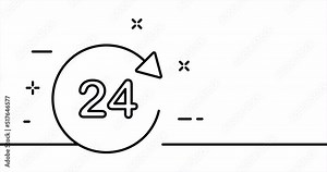 Around the clock. 24 with circular arrow. Support, call center, help, work. Service concept. One line drawing animation. Motion design. Animated technology logo. Video 4K