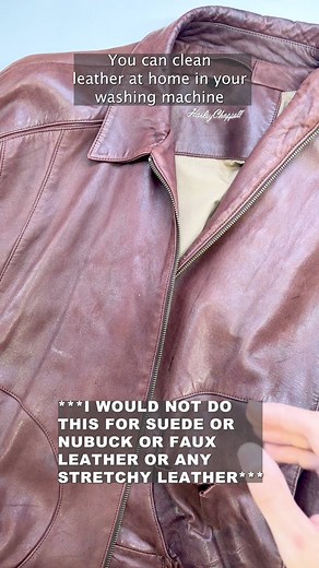 You should know that you can wash certain types of leather pieces in your washing machine at home! It's important to keep in mind that leather was created with an enormous amount of water and is far from afraid of it. I'd recommend pretreating your stains, washing on a cool/warm hand wash or gentle cycle without other garments, and then tumble drying on low for a while and then air drying. I would not use this process for suede, nubuck, faux leather, or any leather that is combined with another 