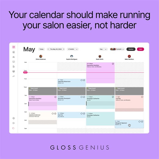 Stop letting calendar chaos cost your salon time and clients! With GlossGenius’s easy-to-use scheduling tools, you can edit appointments, manage team bookings, and access client info in seconds. | GlossGenius | Facebook