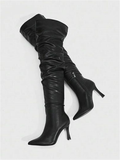 CUCCOO SZL Women's Fashion Pointed Toe Stiletto Heel Black Tall Boots, Foldover Thigh High Boots, Sexy Party Clubwear High Heel Over-The-Knee Boots For Christmas Spring Shoes | SHEIN