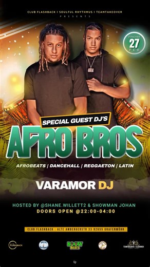 💜 Gods Gift 🤹🏾‍♂️ on Instagram: "YERRRR 🚨 FRIDAY FEB 27TH 🚨 Afro Bros pulling up To mi Casa to set the city on fye💥🔥 Linking up with my dawgs @der__johan @hrmn_authentik_iam @varamor_dj we got busses coming from Nurnberg and taking you home!! 🕙 22:00 – 04:00 🎧 DJ: Varamor DJ x Afro Bros 🌍 Afrobeats • Dancehall • Reggaeton • Latin SoulfulRhythmus 🫱🏽‍🫲🏾Team Takeover Going CRAZY all night — 🎤🎵 💃🏽🕺🏽 Pull up on us. Good vibes only ❤️‍🔥 #AfroBros #Feb27 #LitParty #ClubFlashback #T