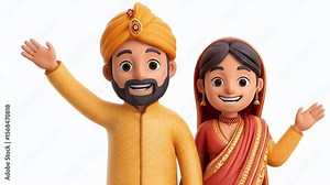 Animated Indian Wedding Couple Waving, Cartoon Style, Traditional Attire, Celebration