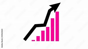 Animated financial growth chart with trend line graph. Pink and black symbol Growth bar chart of economy. Looped video. Vector illustration isolated on white background.
