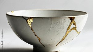 Kintsugi art demonstration of restoring a traditional bowl with gold highlights in an art studio setting
