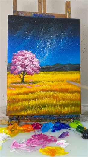 Dreamy Night Landscape | Easy Acrylic Painting #shorts