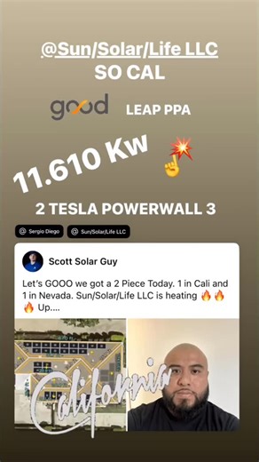 Let’s GOOO we got a 2 Piece Today. 1 in Cali and 1 in Nevada. Sun/Solar/Life LLC is heating 🔥🔥🔥 Up. Shout out to Sergio Diego with the 11.610 kw system of California!! Reppin SoCal for Team SunSolarLife. Goodleap PPA in the house 🏠 11.610 Kw 27 Qtron QCells 430 W 26 IQ8HC DOM CON 2 Tesla Powerwall 3 Another family going solar with Sun/Solar/Life LLC #california #KillTheBill #Sunsolarlife #goodleap | Scott Solar Guy