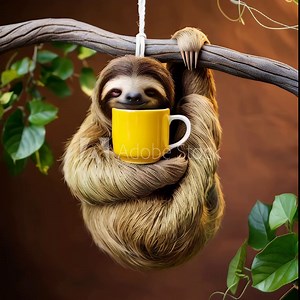 Cute sloth hanging on a tree branch and smelling the morning coffee. Relaxation, self-care, and the joy of slow living concept