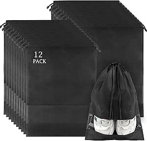12 Pack Large Shoe Bags for Packing with Clear Window, Dustproof Drawstring Travel Shoe Storage Bags for Men & Women, Black