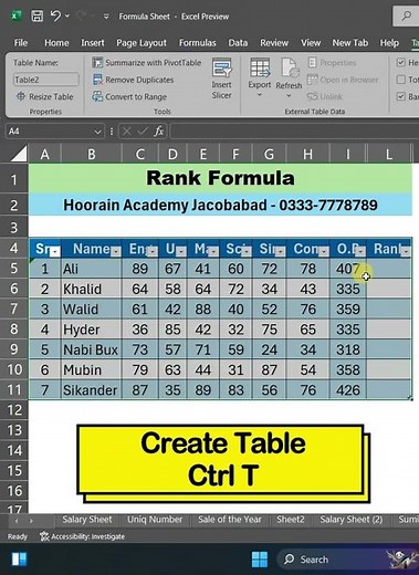 Excel Tip 7 - Rank Formula | Hoorain Academy #rankformula #excelformula #exceltips