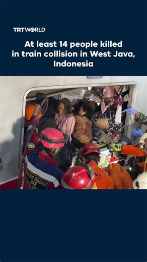 At least 14 people killed in train collision in West Java, Indonesia